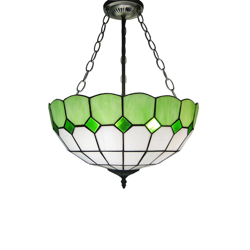 Inverted Dome Tiffany Chandelier Light Fixture - Stained Art Glass Ceiling Lighting (3 Heads) Green