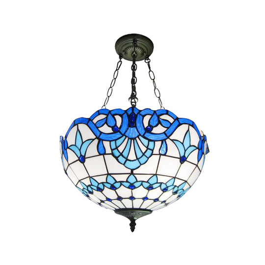 Inverted Dome Tiffany Chandelier Light Fixture - Stained Art Glass Ceiling Lighting (3 Heads) Blue