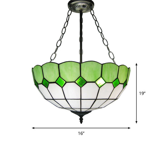 Inverted Dome Tiffany Chandelier Light Fixture - Stained Art Glass Ceiling Lighting (3 Heads)