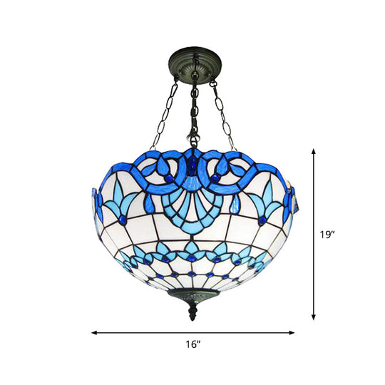 Inverted Dome Tiffany Chandelier Light Fixture - Stained Art Glass Ceiling Lighting (3 Heads)