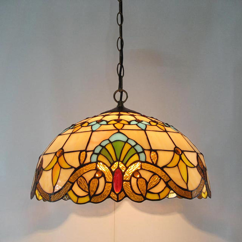 Retro Stained Glass Chandelier Pendant Light with 2 Heads in Beige Bowl Style