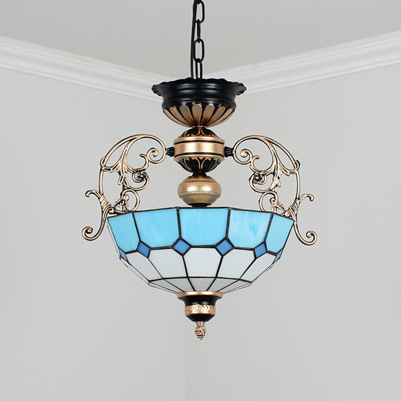 Grid-Glass Inverted Dome Chandelier Pendant Light with 3 Bulbs - Ideal for Entryway