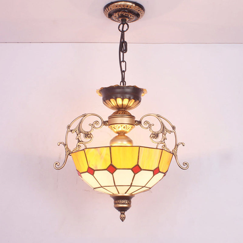 Grid-Glass Inverted Dome Chandelier Pendant Light with 3 Bulbs - Ideal for Entryway