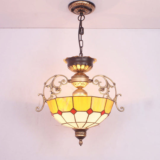 Grid Glass Pendant Chandelier Light With Inverted Dome Design - 3-Bulb Fixture For Entryway Yellow