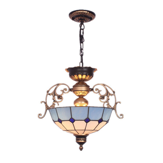 Grid-Glass Inverted Dome Chandelier Pendant Light with 3 Bulbs - Ideal for Entryway