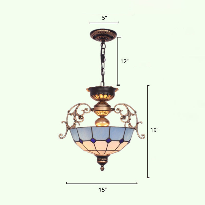 Grid-Glass Inverted Dome Chandelier Pendant Light with 3 Bulbs - Ideal for Entryway