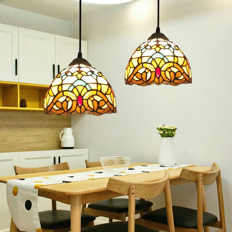 Beige Antique Stained Glass Pendant Light With Floral Shade