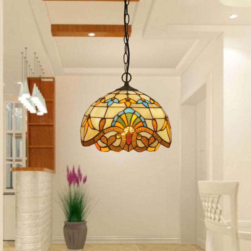 Beige Antique Stained Glass Pendant Light With Floral Shade / 12