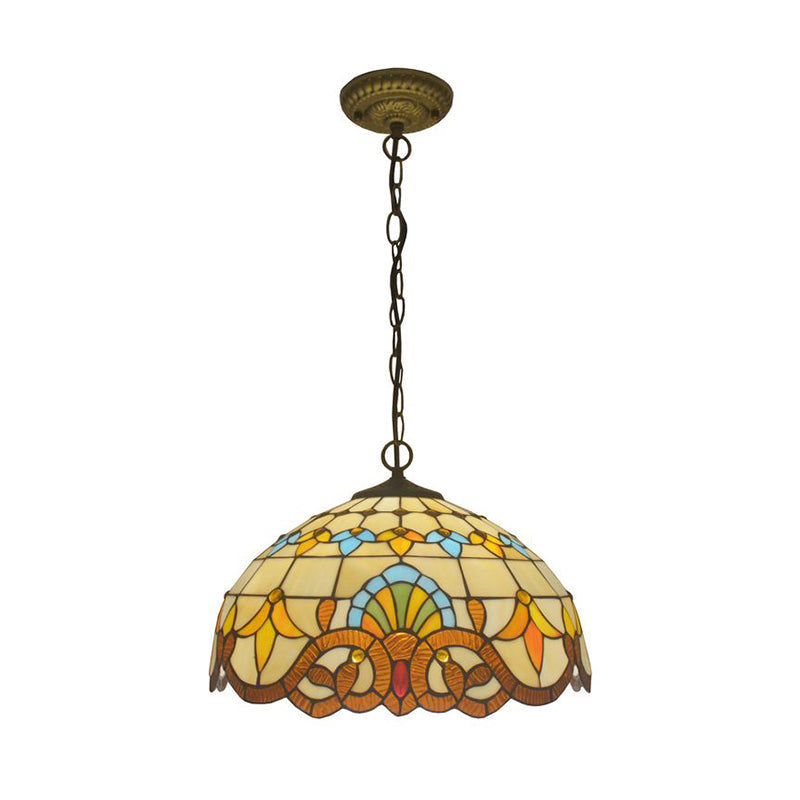 Beige Antique Stained Glass Pendant Light With Floral Shade