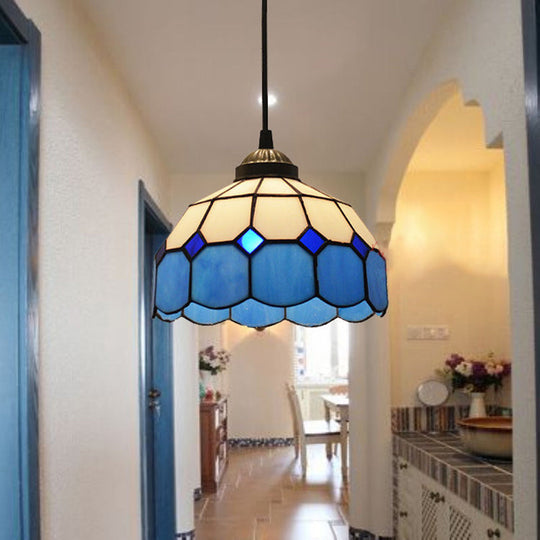 Tiffany Style Blue Glass Pendant Light With Scalloped Suspension And Grid Design