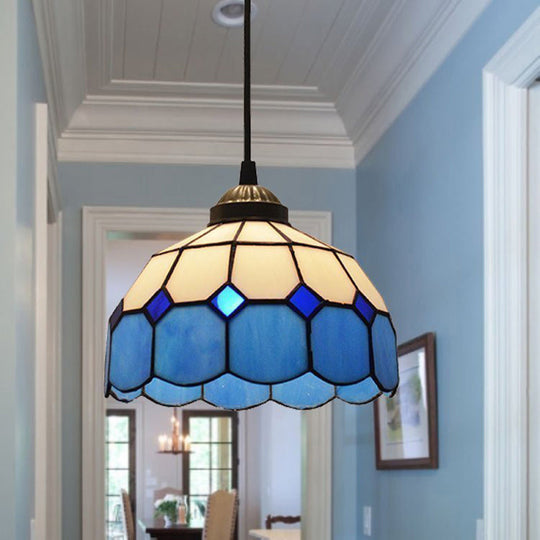 Tiffany Style Blue Glass Pendant Light With Scalloped Suspension And Grid Design