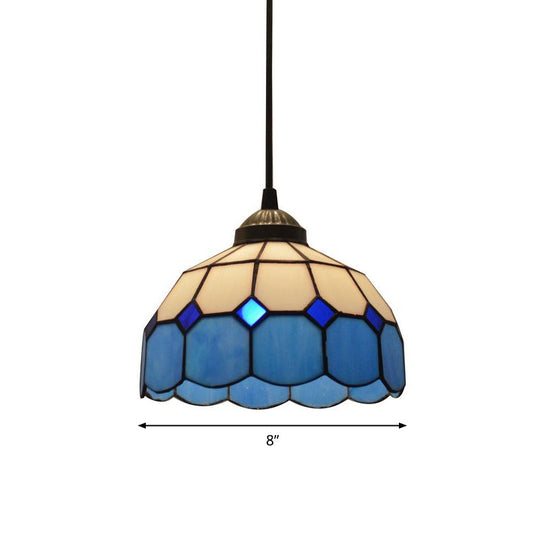 Tiffany Style Blue Glass Pendant Light With Scalloped Suspension And Grid Design