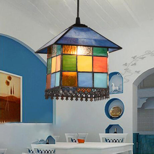 Vintage Stained Glass Pendant Ceiling Light With House Shade 1-Light Suspension Lighting Blue