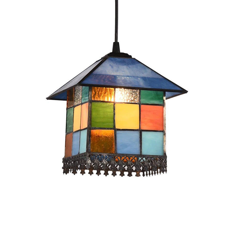 Vintage Stained Glass Pendant Ceiling Light With House Shade 1-Light Suspension Lighting