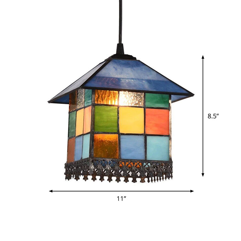 Vintage Stained Glass Pendant Ceiling Light With House Shade 1-Light Suspension Lighting