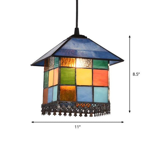 Vintage Stained Glass Pendant Ceiling Light With House Shade 1-Light Suspension Lighting