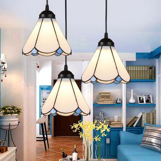 Cone Multi Ceiling Light with Scalloped Edge - Tiffany Style Suspension Lighting (3 Bulbs, White Glass)