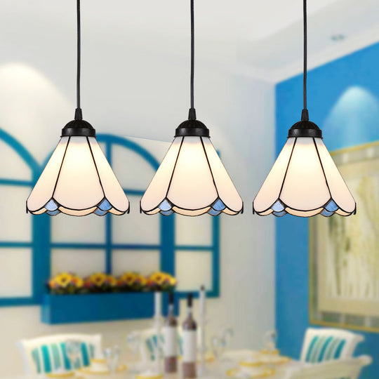 Cone Multi Ceiling Light with Scalloped Edge - Tiffany Style Suspension Lighting (3 Bulbs, White Glass)