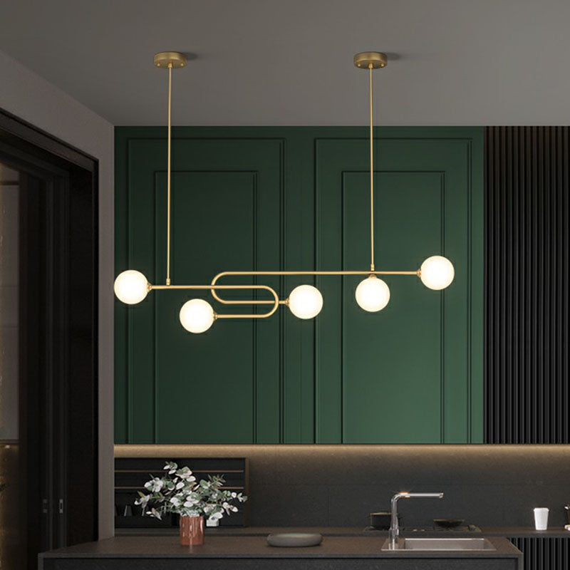 Minimalist U-Shaped Gold Metal Suspension Light With Milky Glass Shade For Dining Room Island