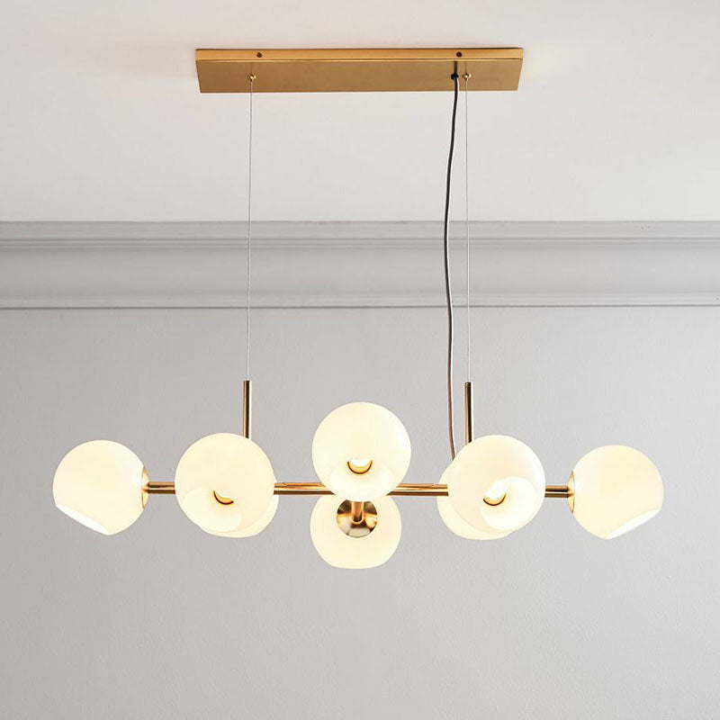 Modern Brass Island Light With Dome Glass Shades - 8-Light Dining Room Suspension Lighting Cream