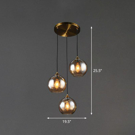 Antiqued Brass Globe Pendant Lamp with 3 Lights and Glass Shade