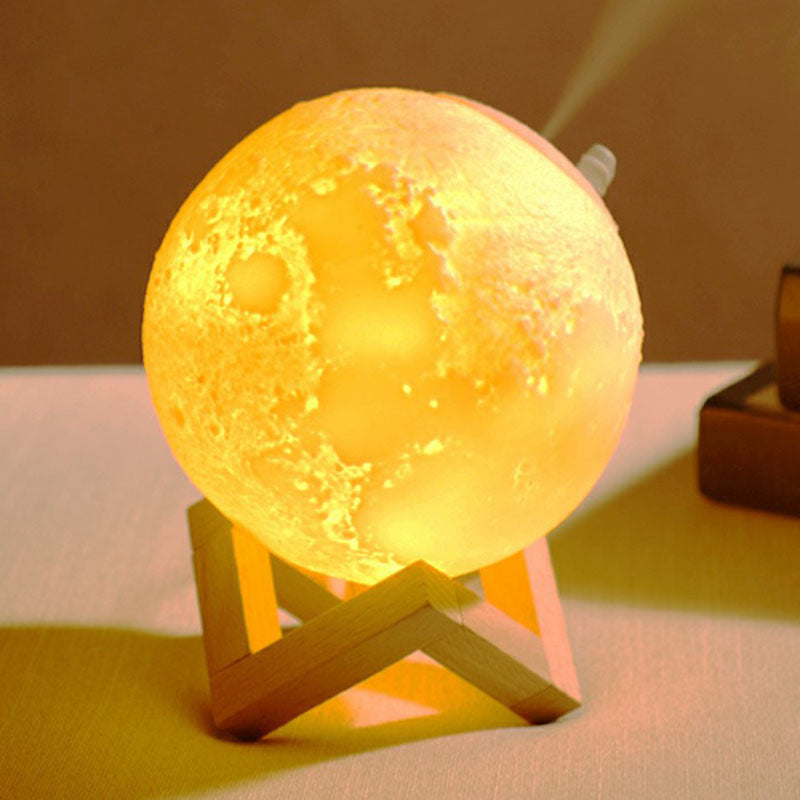 Modern White Moon Led Night Light Humidifier With Wooden Stand - Table