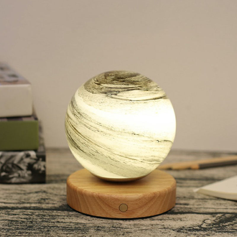 Mini Glass Planet Night Light With Wooden Base - Post-Modern Table Lamp