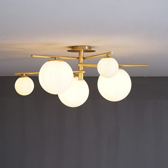 Sleek 6-Light Gold Sputnik Semi Flush Mount Ceiling Lamp with White Glass Ball Shade