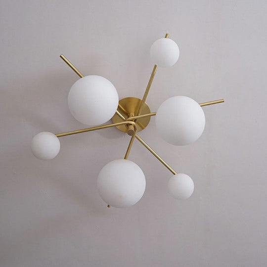 Sleek 6-Light Gold Sputnik Semi Flush Mount Ceiling Lamp with White Glass Ball Shade