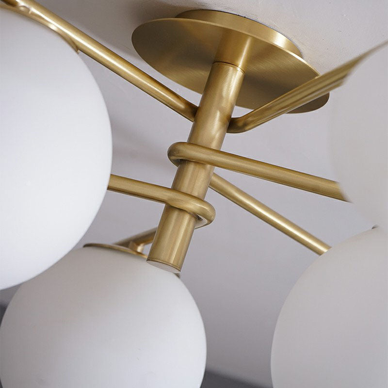 Sleek 6-Light Gold Sputnik Semi Flush Mount Ceiling Lamp with White Glass Ball Shade