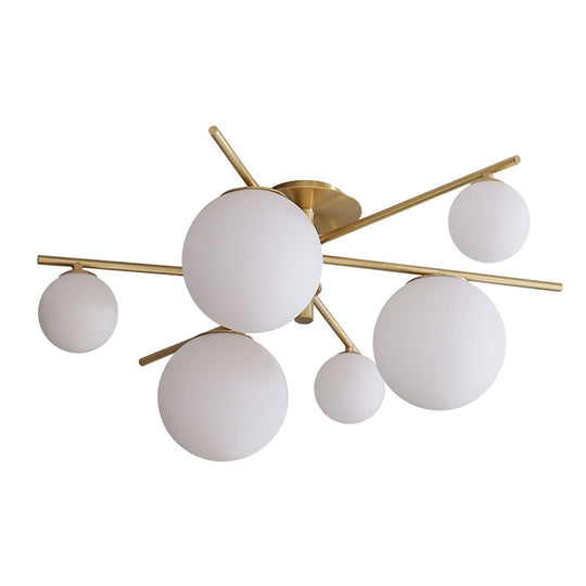 Sleek 6-Light Gold Sputnik Semi Flush Mount Ceiling Lamp with White Glass Ball Shade