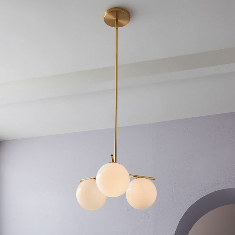 Minimalist Gold Ball Chandelier With Cream Glass Shades - 3-Head Suspension Light