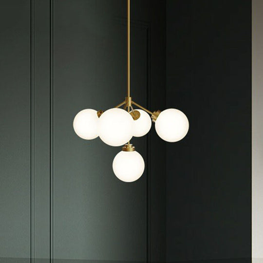 Minimalist Gold Opal Glass 5-Bulb Chandelier - Ball Dining Room Hanging Lamp