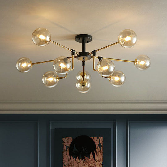 10-Light Black and Brass Chandelier with Radial Pendant and Ball Glass Shade: A Postmodern Statement