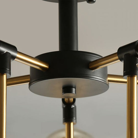 10-Light Black and Brass Chandelier with Radial Pendant and Ball Glass Shade: A Postmodern Statement