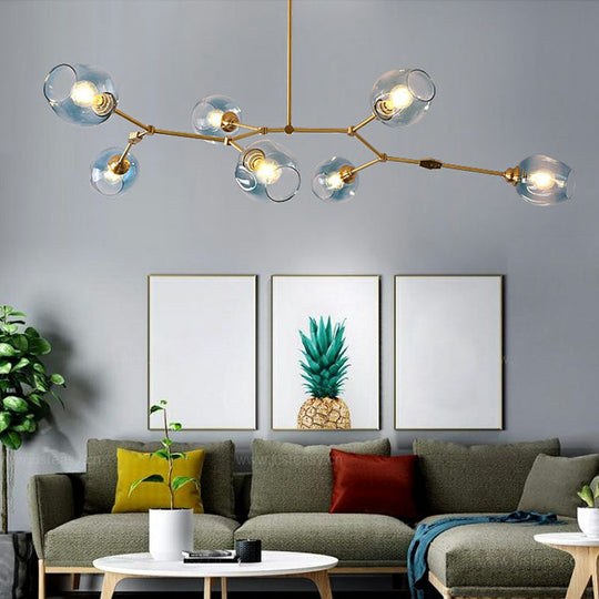 Postmodern Dimpled Glass 7-Light Gold Branch Chandelier - Adjustable And Ideal For Parlor Blue