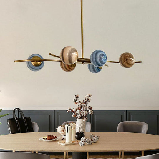 Multicolored Glass 6-Bulb Postmodern Chandelier In Gold For Dining Room - Planet Collection