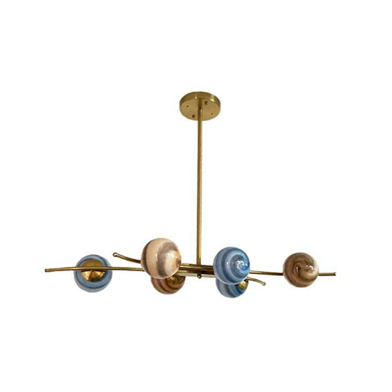 Multicolored Glass 6-Bulb Postmodern Chandelier In Gold For Dining Room - Planet Collection