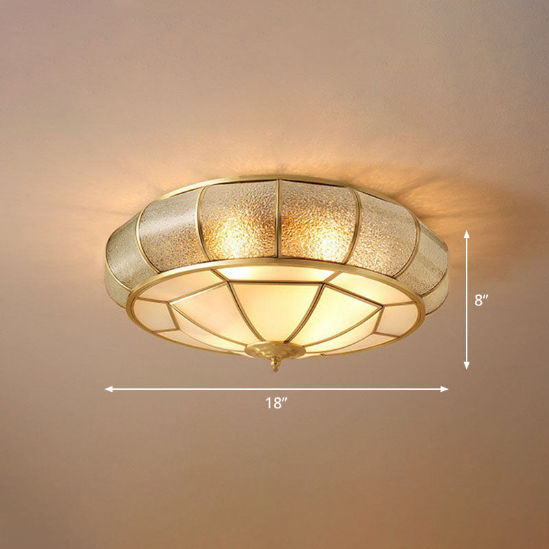 Vintage Brass Round Flush Mount Ceiling Light Fixture For Bedroom With Water Glass Accent