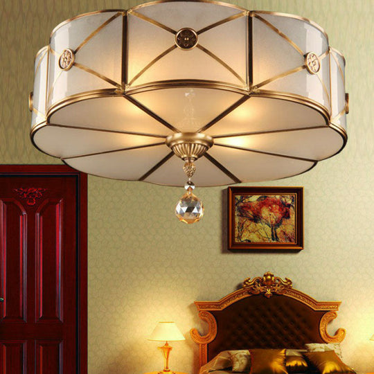 Frosted White Glass Flushmount Flower Ceiling Lamp With X-Brace In Brass - Colonial Style / 12