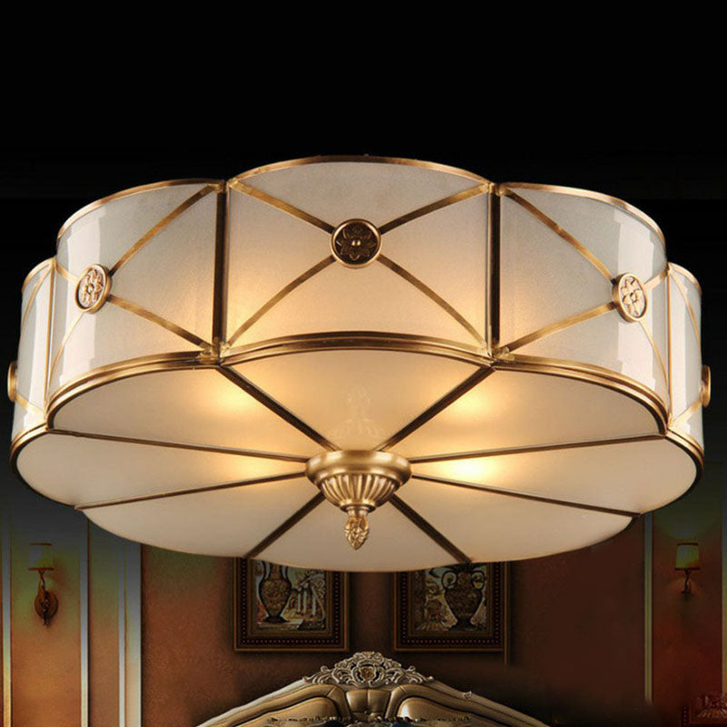 Frosted White Glass Flushmount Flower Ceiling Lamp With X-Brace In Brass - Colonial Style