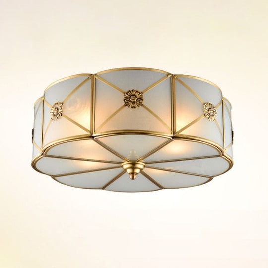 Frosted White Glass Flushmount Flower Ceiling Lamp With X-Brace In Brass - Colonial Style