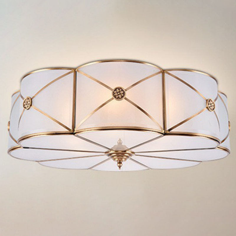 Frosted White Glass Flushmount Flower Ceiling Lamp With X-Brace In Brass - Colonial Style