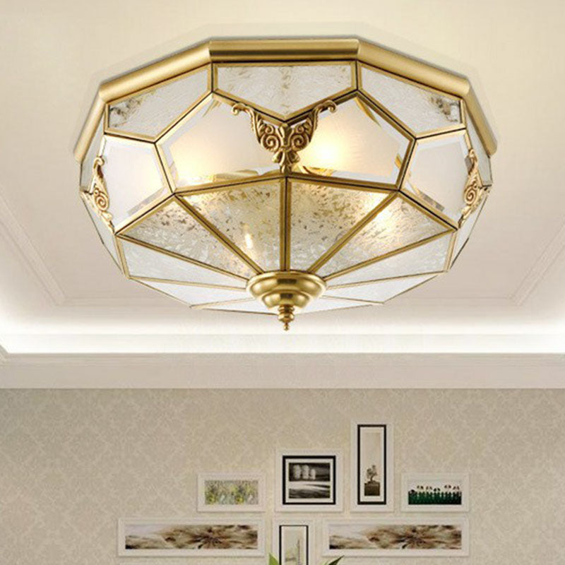 Antique Brass Dining Room Ceiling Lamp with Polygon Semi-Opaque Flush Mount Shade