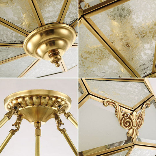 Antique Brass Dining Room Ceiling Lamp with Polygon Semi-Opaque Flush Mount Shade