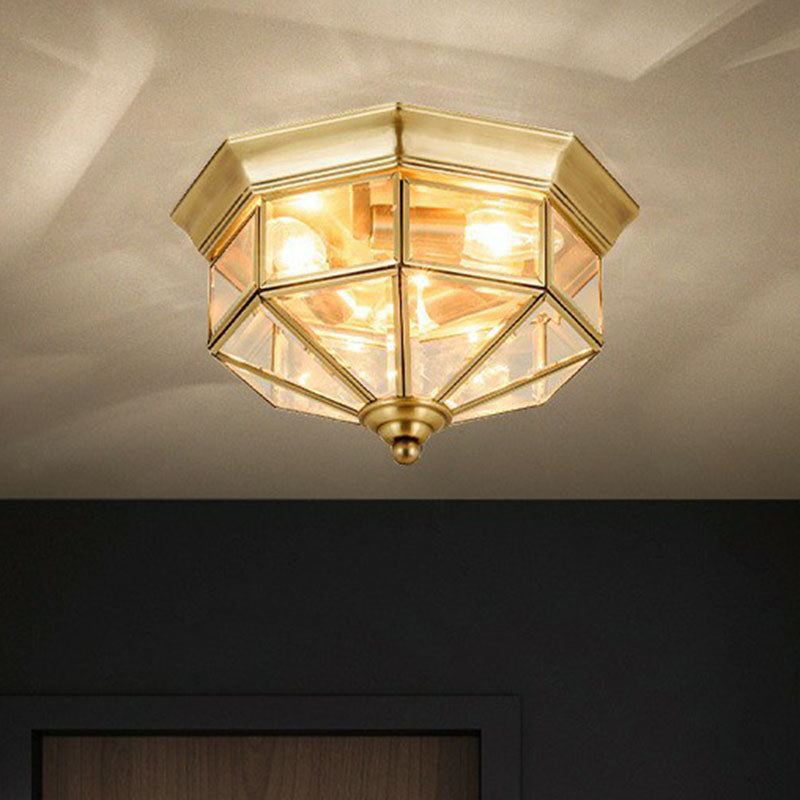 Antique Glass Octagonal Flush Ceiling Light - 3 Bulb Brass Finish