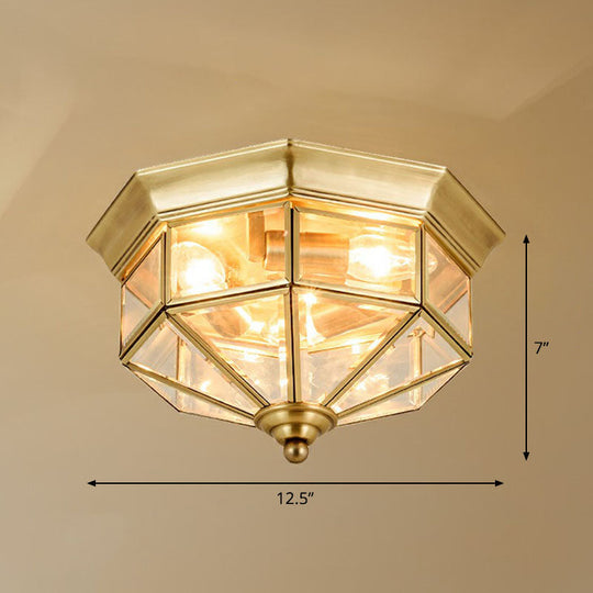 Antique Glass Octagonal Flush Ceiling Light - 3 Bulb Brass Finish