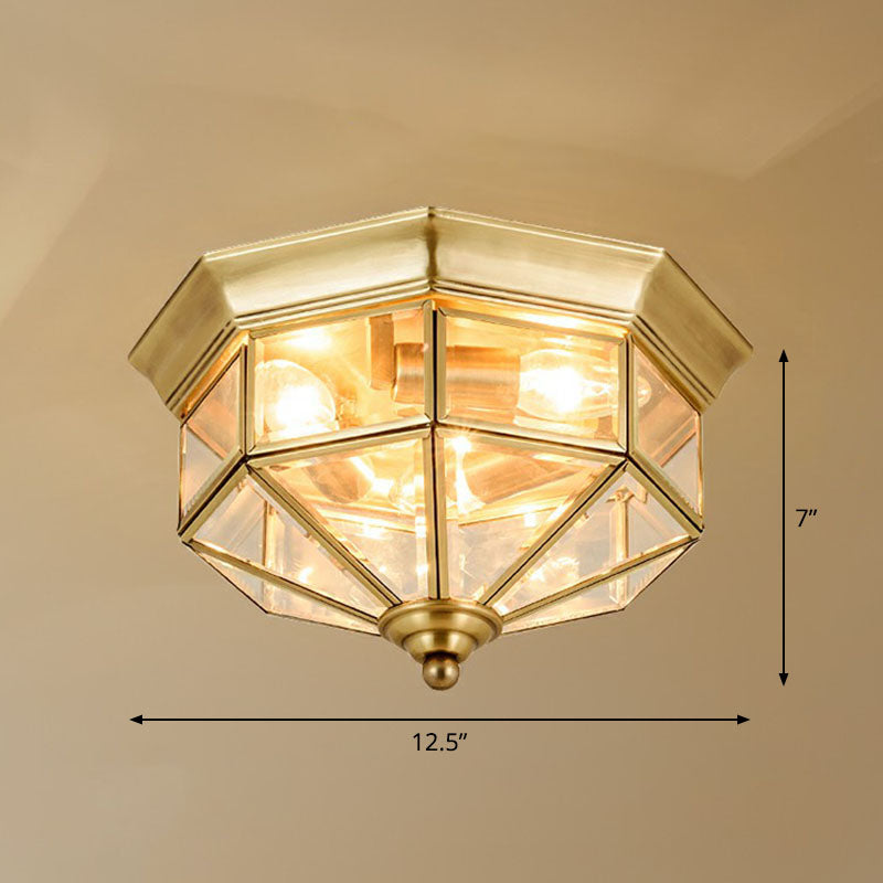 Antique Glass Octagonal Flush Ceiling Light - 3 Bulb Brass Finish Clear