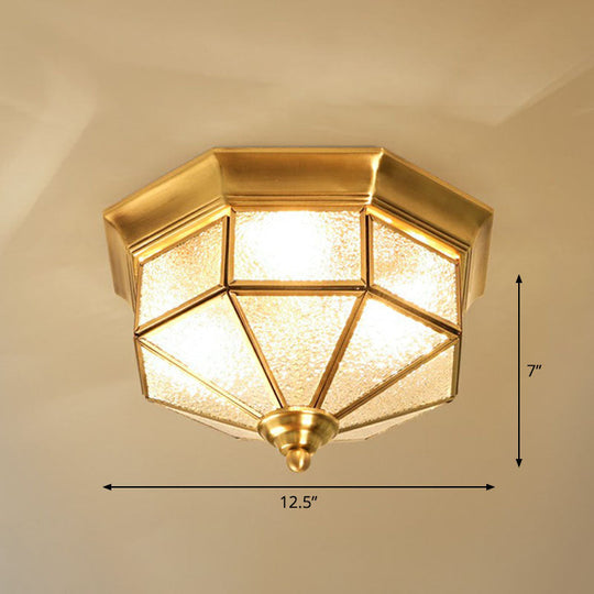 Antique Glass Octagonal Flush Ceiling Light - 3 Bulb Brass Finish