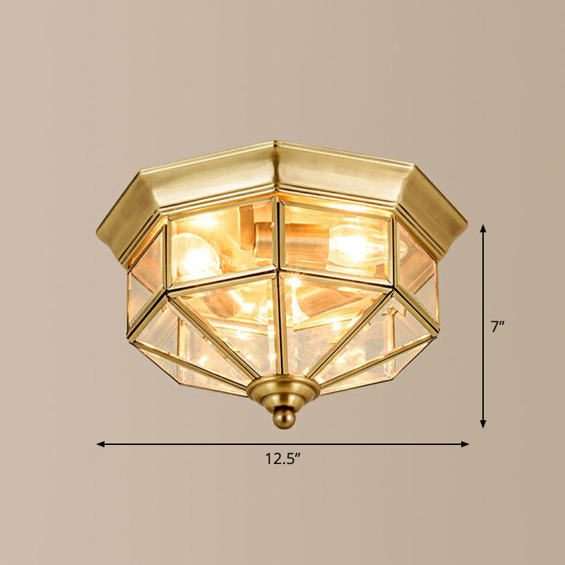 Antique Glass Octagonal Flush Ceiling Light - 3 Bulb Brass Finish